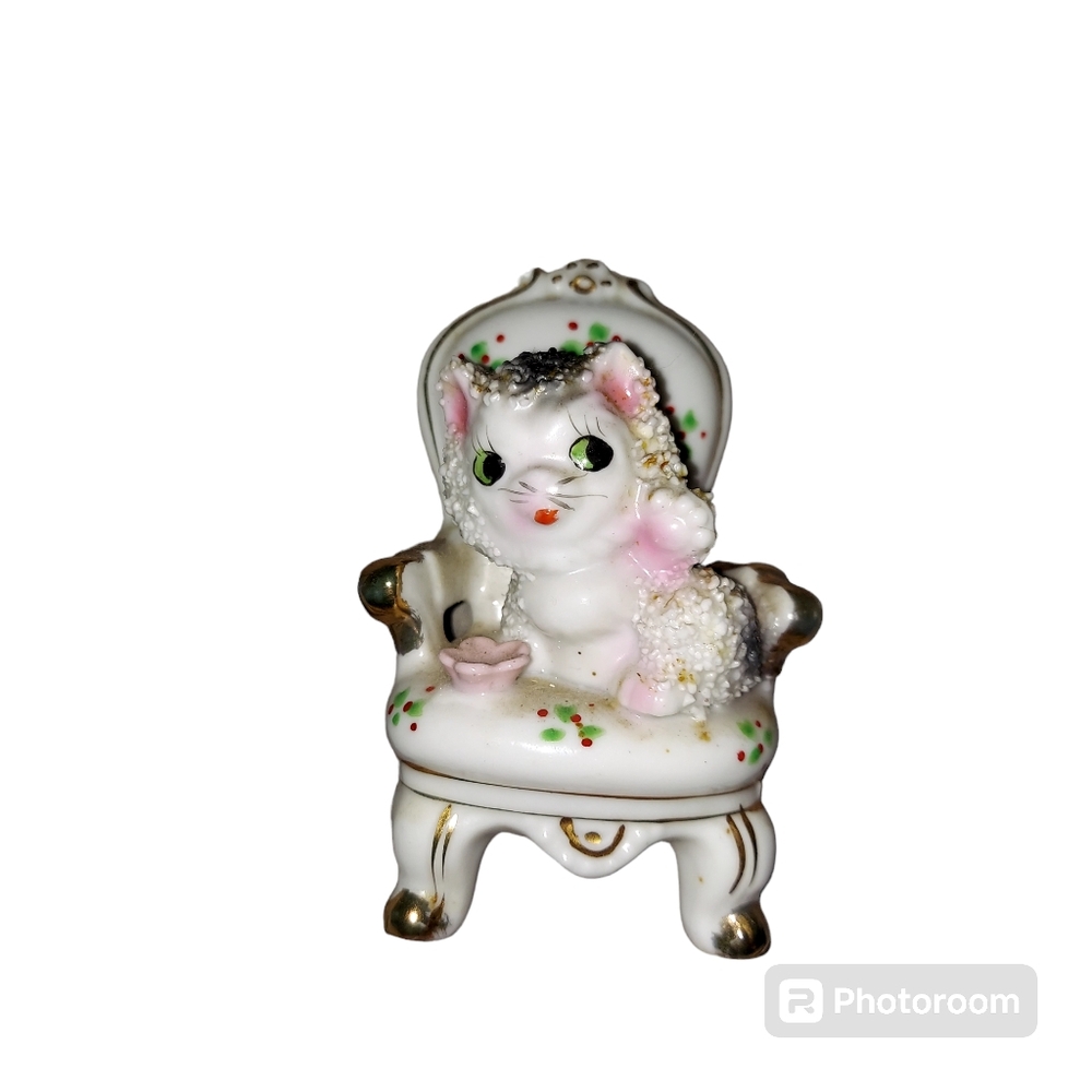 Vintage Porcelain Sugar Glaze Kitty Cat On Chair Made in Japan Figurine